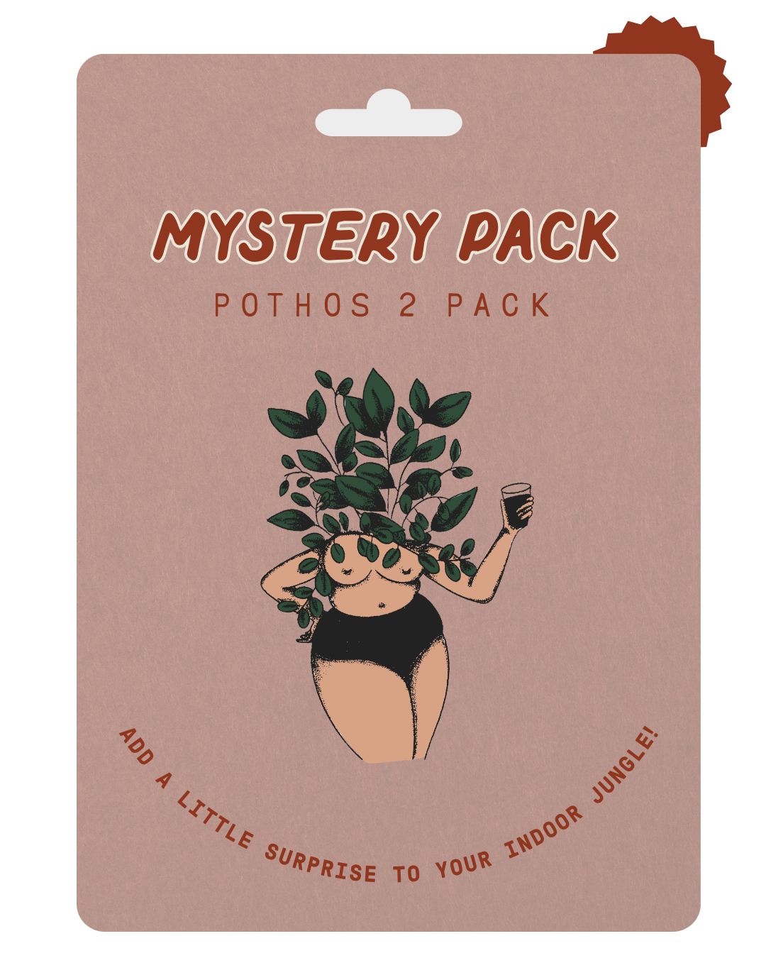 A product card for a 'Mystery Pack Pothos 2 Pack' featuring a dusty rose background, a hanging tab at the top, and an illustration of a woman with green leaves for hair wearing black underwear and holding a potted plant.