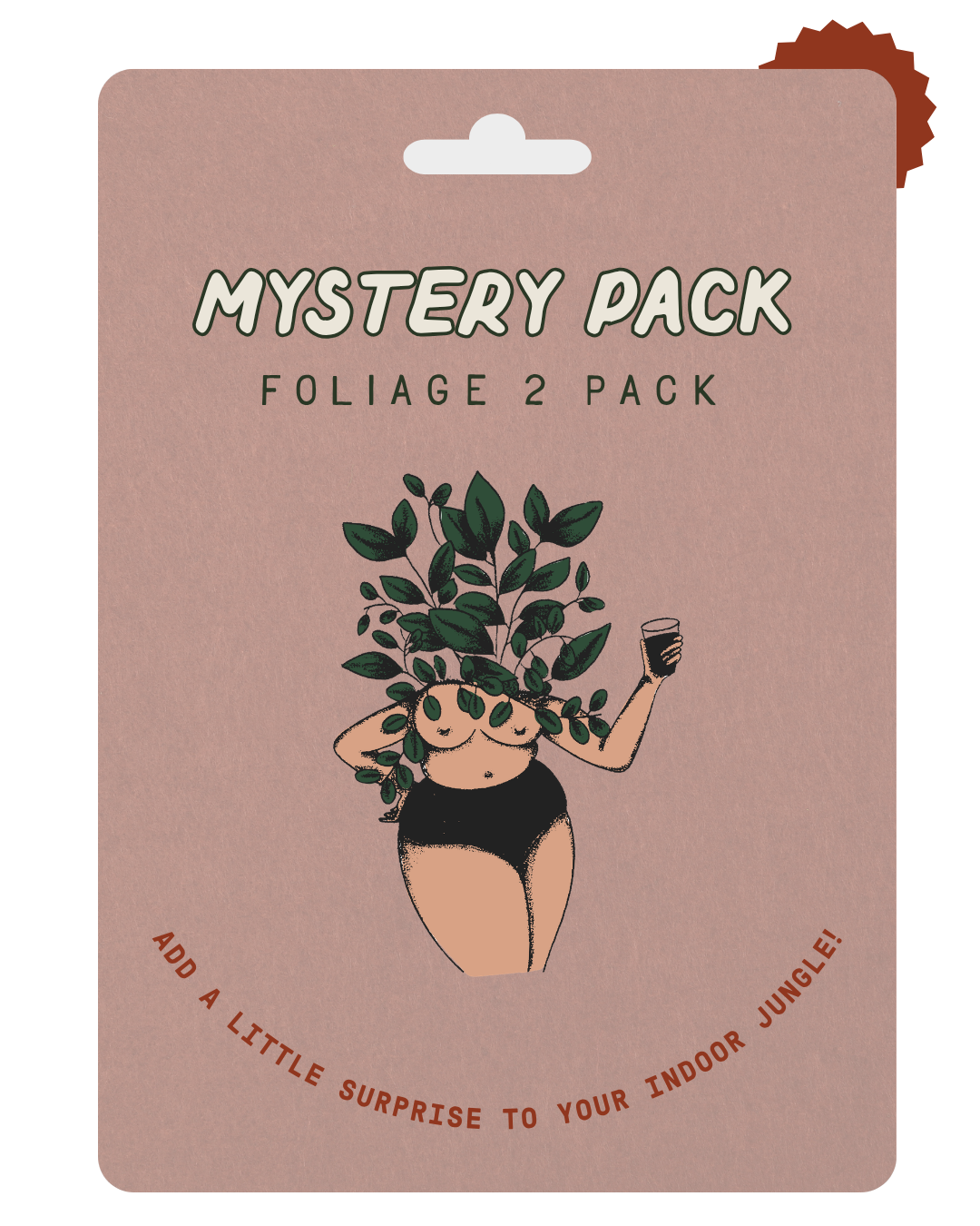 A product card for a 'Mystery Pack Foliage 2 Pack' featuring a dusty rose background, a cartoon illustration of a woman with green leaves for hair, and playful text.
