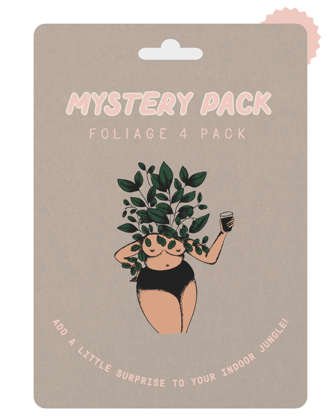 A product card for a 'Mystery Pack Foliage 4 Pack' featuring a stylized illustration of a woman with green leaves for hair, wearing black underwear and holding a glass, on a taupe background.