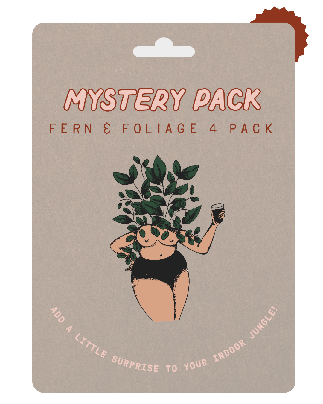 A product card for a 'Mystery Pack Fern & Foliage 4 Pack' featuring a stylized illustration of a woman with green leaves for hair and a black bikini, on a textured taupe background.