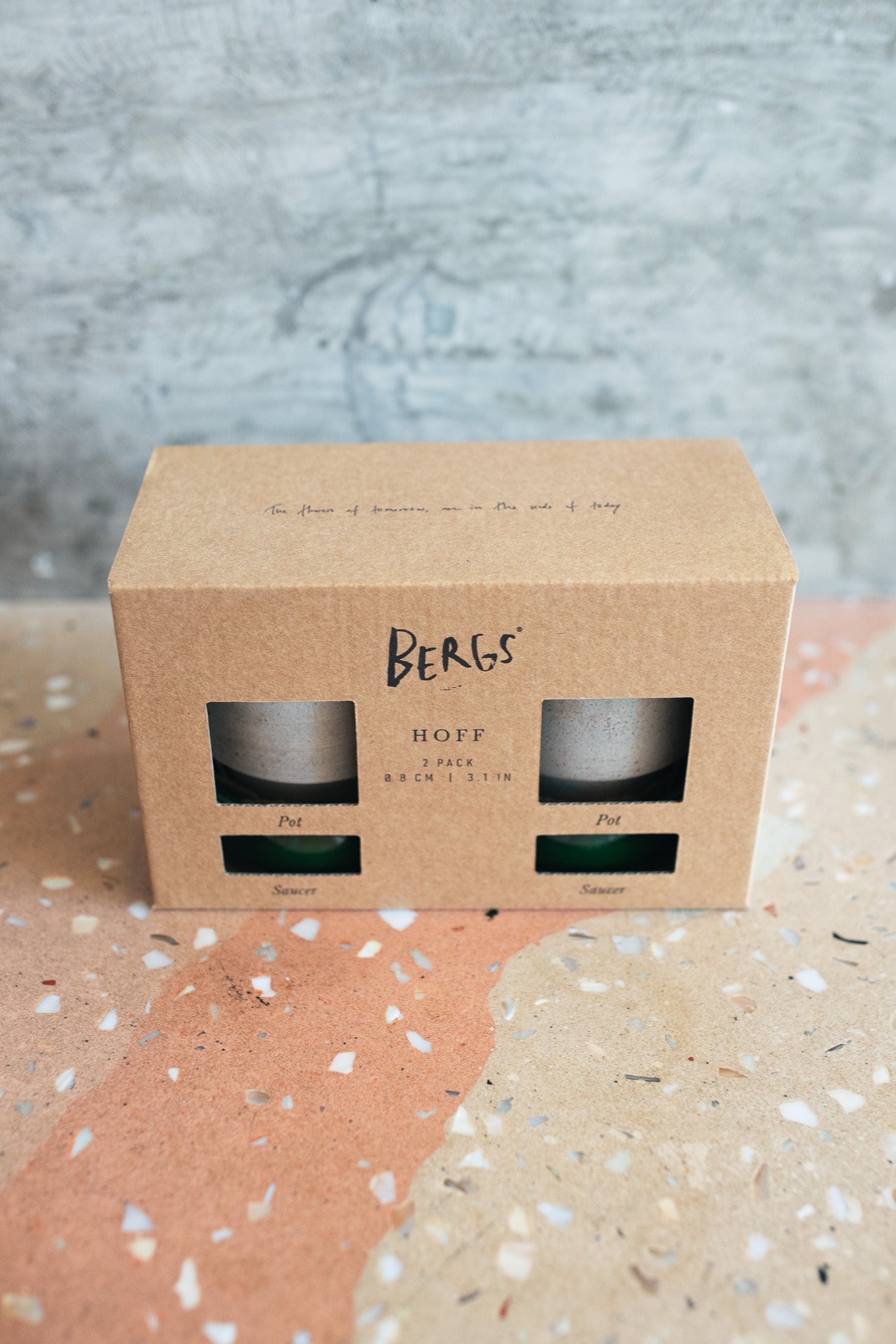 A kraft paper box for Bergs Hoff planter pots with sauces in grey and emerald shown through two window cutouts set on a terrazzo surface against a textured gray wall.