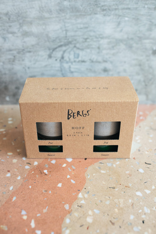 A kraft paper box for Bergs Hoff planter pots with sauces in grey and emerald shown through two window cutouts set on a terrazzo surface against a textured gray wall.