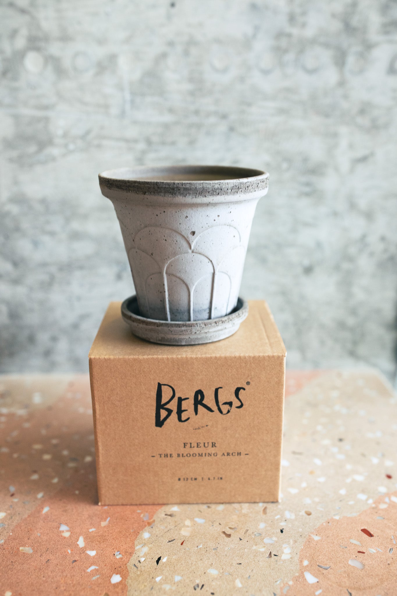 A small speckled ceramic planter pot with a matching saucer, displayed on top of a brown kraft paper box printed with the brand name BERGS. The pot has a light gray body with a darker gray rim, set against a textured gray concrete wall background.